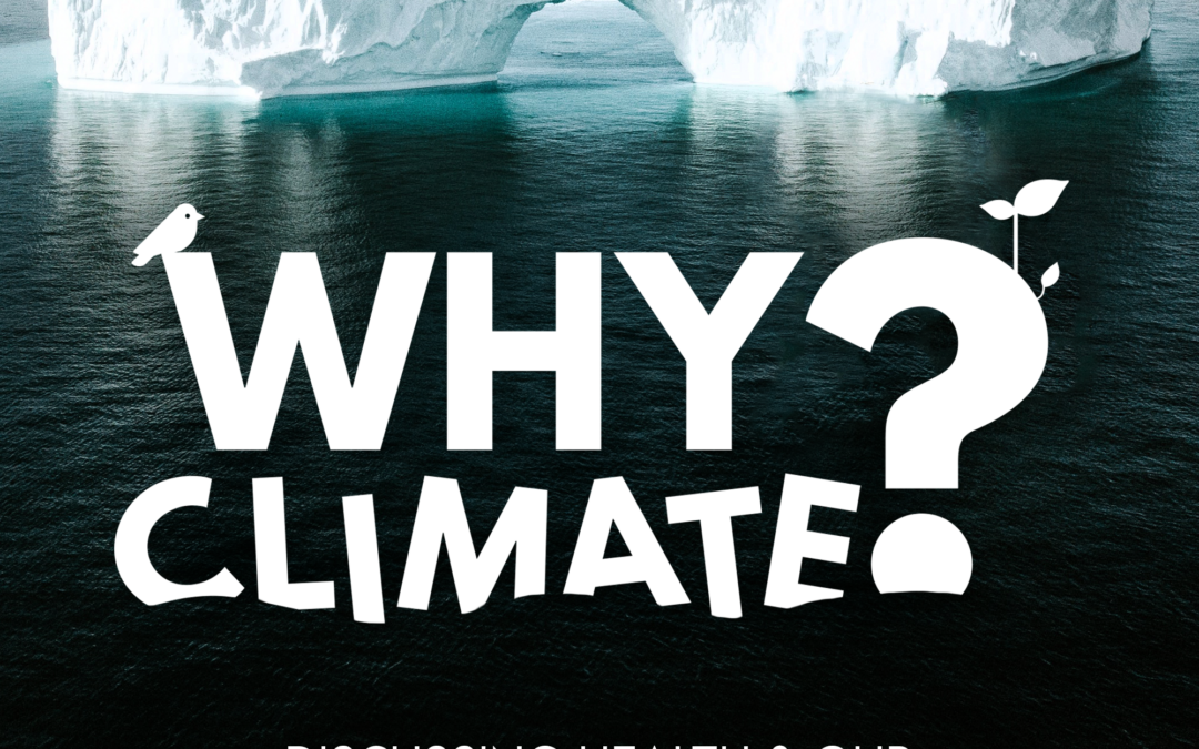 Podcast Cover: Why Climate - Discussing Health & Our Changing Climate. Image of an ice burg floating in the ocean.