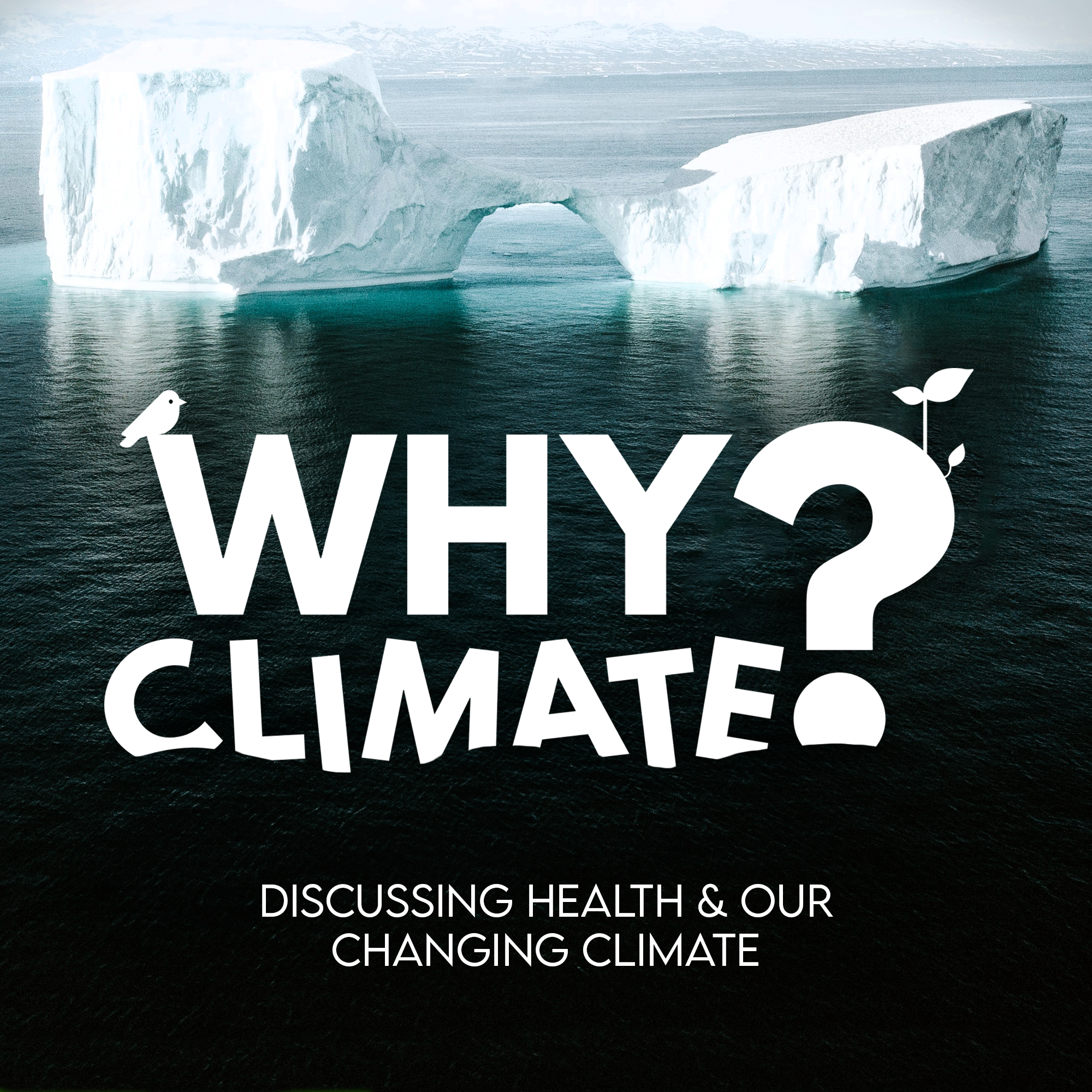 Podcast Cover: Why Climate - Discussing Health & Our Changing Climate. Image of an ice burg floating in the ocean.