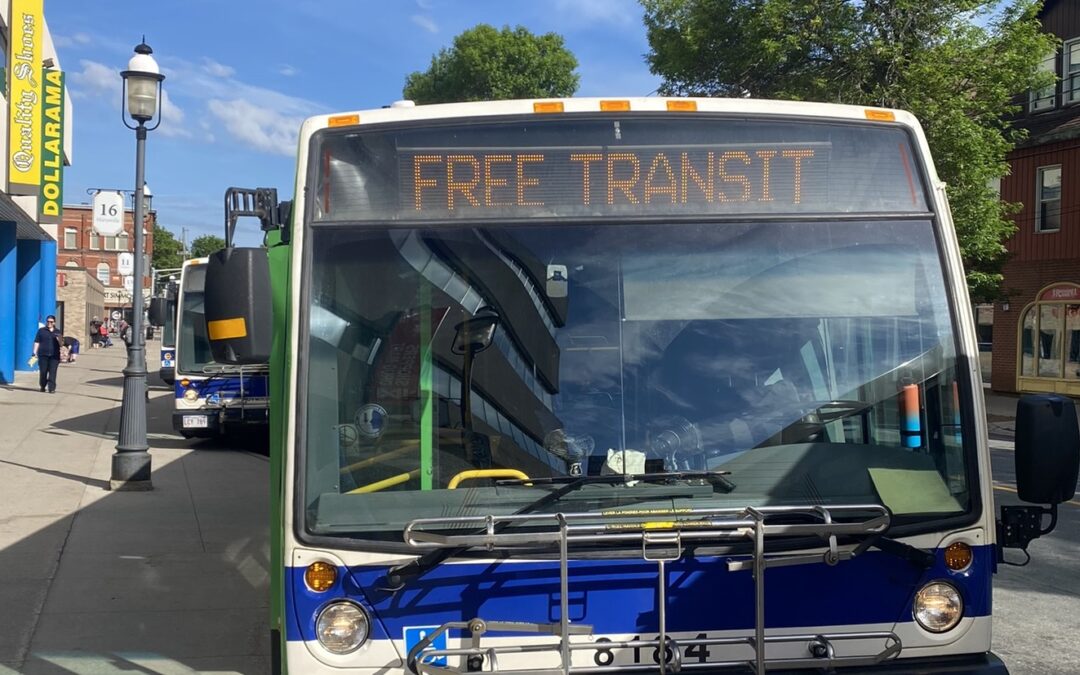 Free Transit, text displayed on city bus at the king street bus terminal in fredericton new brunswick