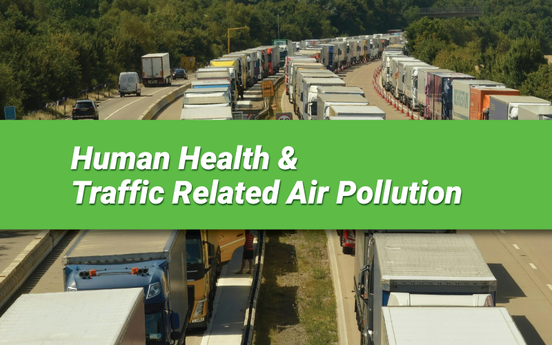 "Human health & traffic Related Air Polution" Overlaid on Transport Trucks. Transportation including shipping is the Number 1 Cause of Air Polution